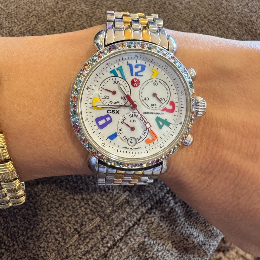 Michele CSX Chronograph Watch Multicolor Gemstone Bezel 1.50 CT Swiss Two-Tone - Picture 13 of 16